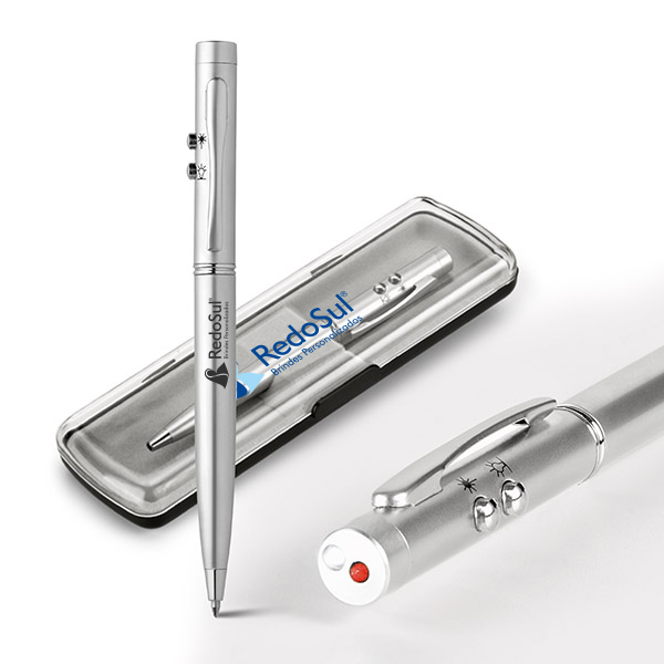 RD 91821-Caneta Personalizada Metálica com ponteira laser e LED