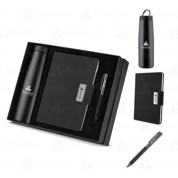 RD 8110300-Kit escritório personalizado com Caderno, Garrafa e Caneta Metalica