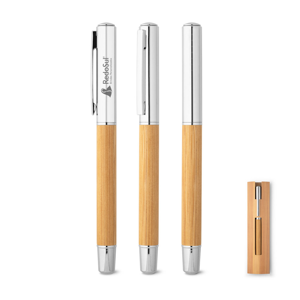 RD 91776-Caneta personalizada Roller em aço e bambu com tampa em Laranjal-do-Jari-AP