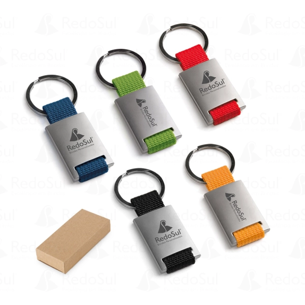 RD 93077-Chaveiros em metal personalizado com acabamento em webbing