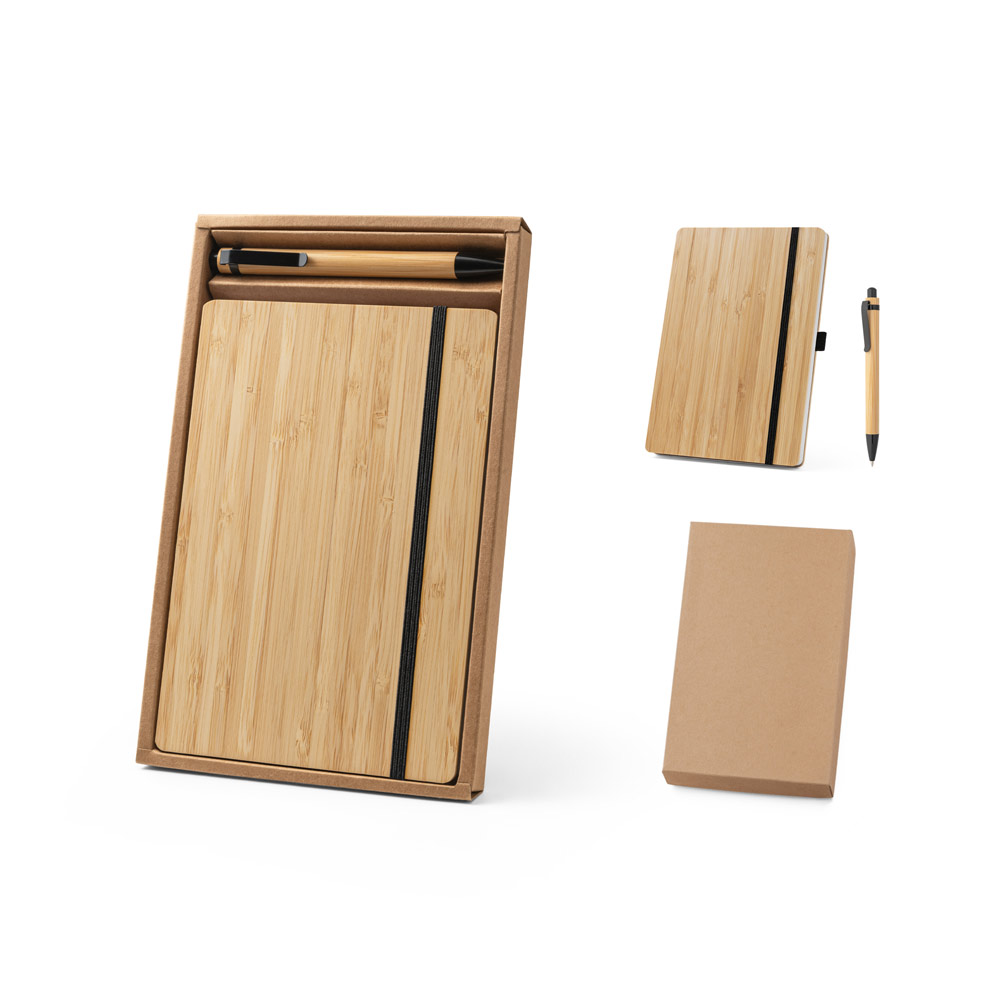 Conjunto de caderno 21 x 14 personalizado com caneta acabamento em bambu.