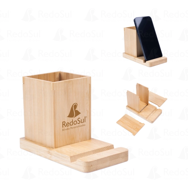 Conjunto com suporte para celular e copo personalizado em bambu