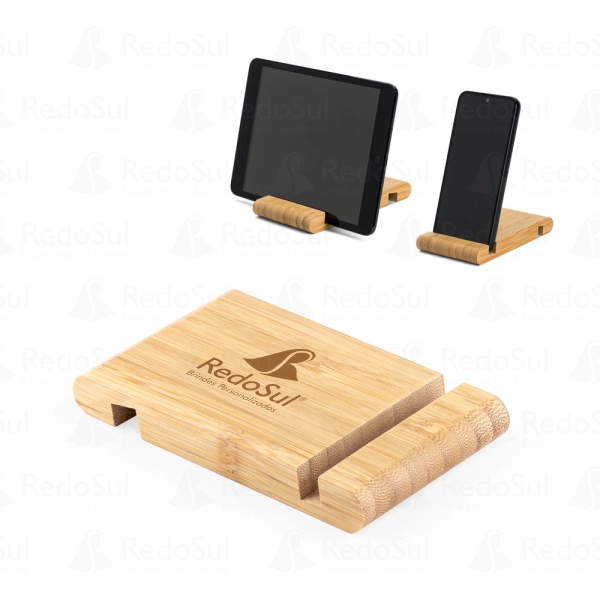 RD 93640-Suporte para celular personalizado com duas canaletas em bambu